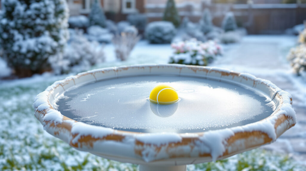 ontdek hoe een simpele tennisbal in een bevroren vogelbadje het ijs helpt smelten en het water toegankelijk houdt voor vogels tijdens koude dagen.