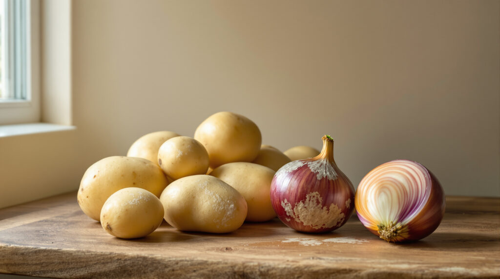 bewaar aardappelen en uien nooit samen, want dit veroorzaakt dat ze snel rotten. ontdek waarom ze elkaar beïnvloeden en hoe je ze het beste apart kunt bewaren.