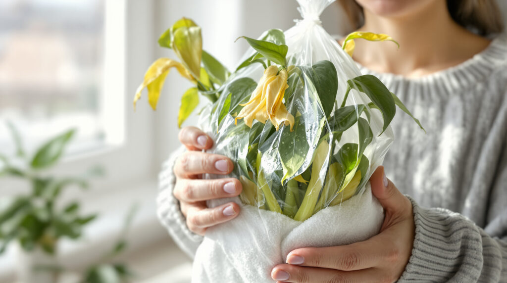 ontdek de 'sauna-methode': hoe je met een natte handdoek en een zak je uitgedroogde plant gemakkelijk kunt redden en nieuw leven kunt geven.