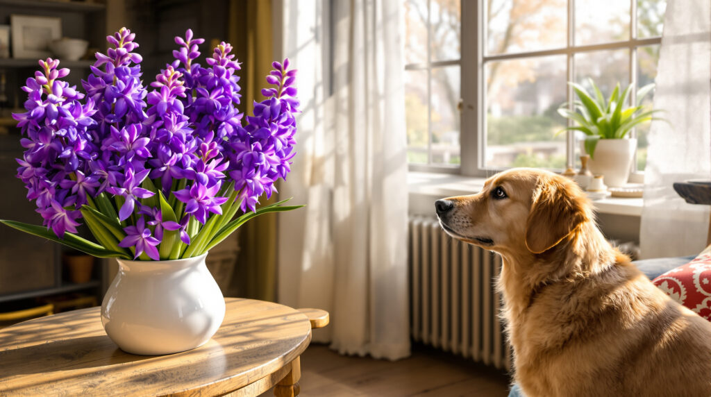 heb je hyacinten in huis? zet ze nooit op een plek waar honden erbij kunnen, want ze zijn levensgevaarlijk voor onze trouwe viervoeters.