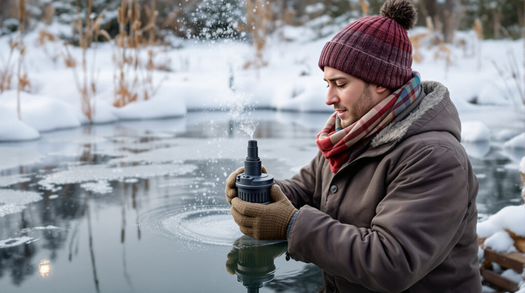 bereid je vijver voor op de winter: heb je de pomp al meegenomen? anders kan hij bevriezen en kapotgaan.